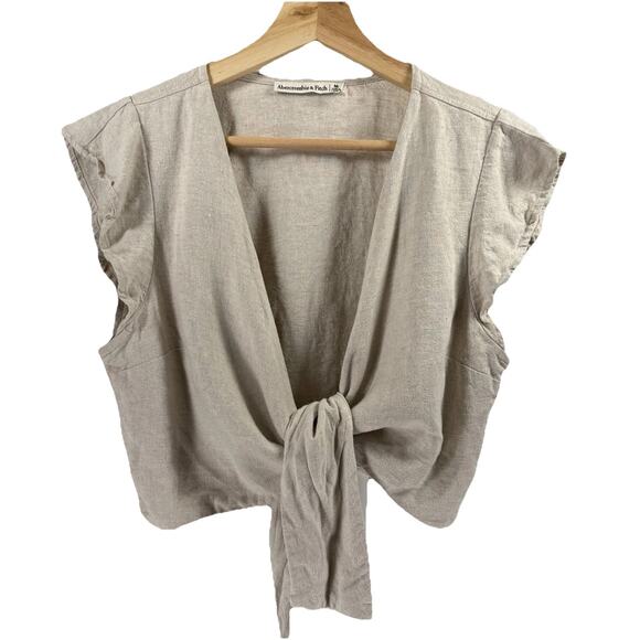 Abercrombie & Fitch Linen Blend Tan Crop Top Tie Front SIZE MEDIUM Womens Shirt - Picture 1 of 10